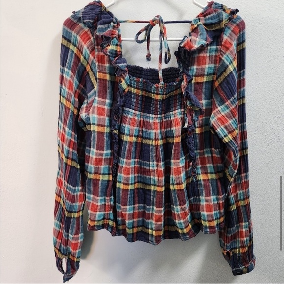 Free People We The Free Smocked Plaid Boho Top S - Picture 8 of 12